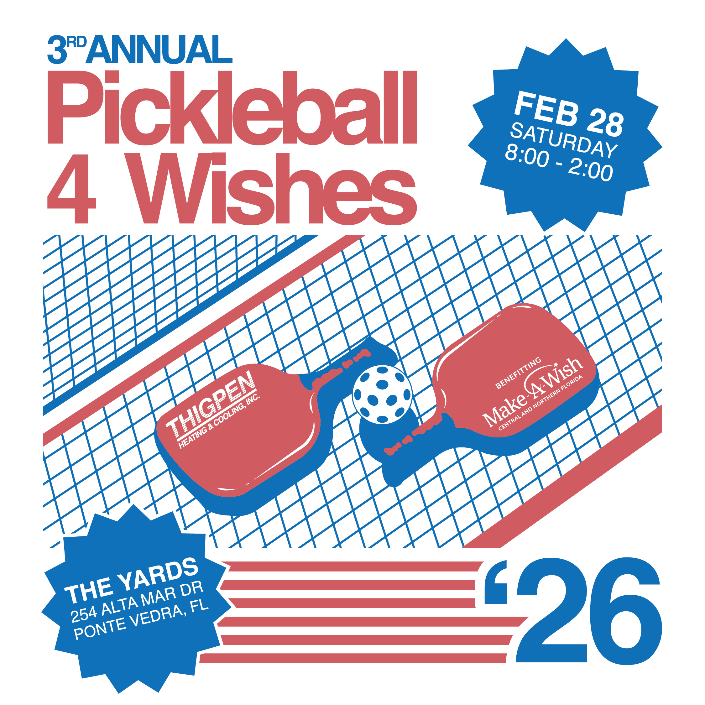 3rd Annual Pickleball 4 Wishes graphic with two pickleball paddles, ball, net, and logos for Thigpen and Make-a-Wish.